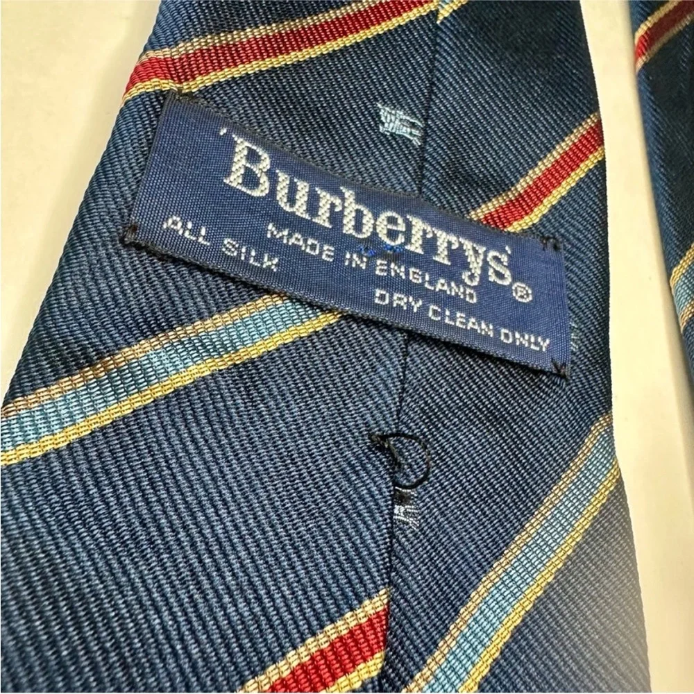 Vintage BURBERRY OF MUNICH Rare Embroidered Striped Classic Blue Silk Tie, 3”